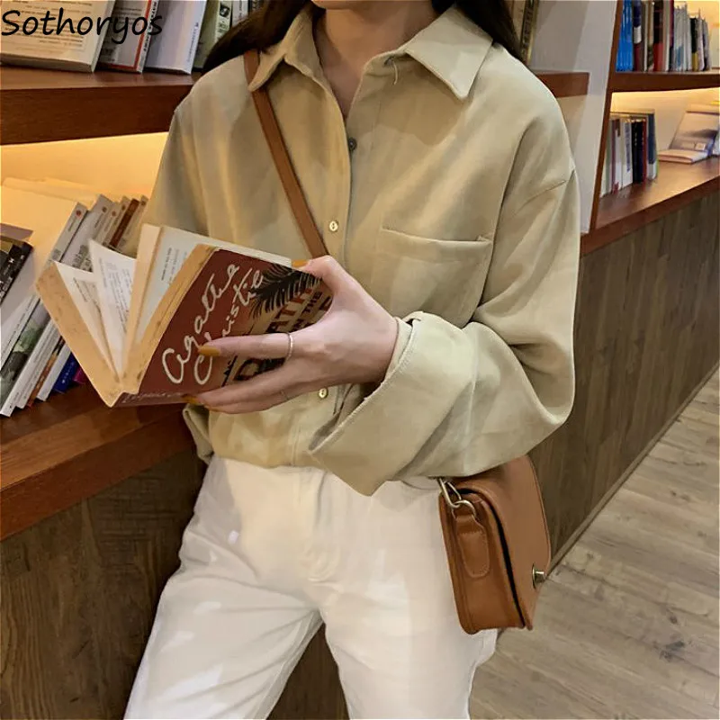 

Blouses Shirts Women Turn Down Collar Harajuku Loose Simple Solid Pocket Leisure Teens BF 3XL Chic Vintage Femme Ulzzang Retro