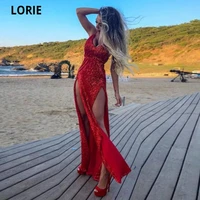 lorie red sequin evening dresses formal simple sexy open back v neck prom gown long celebrity dresses with double split 2020