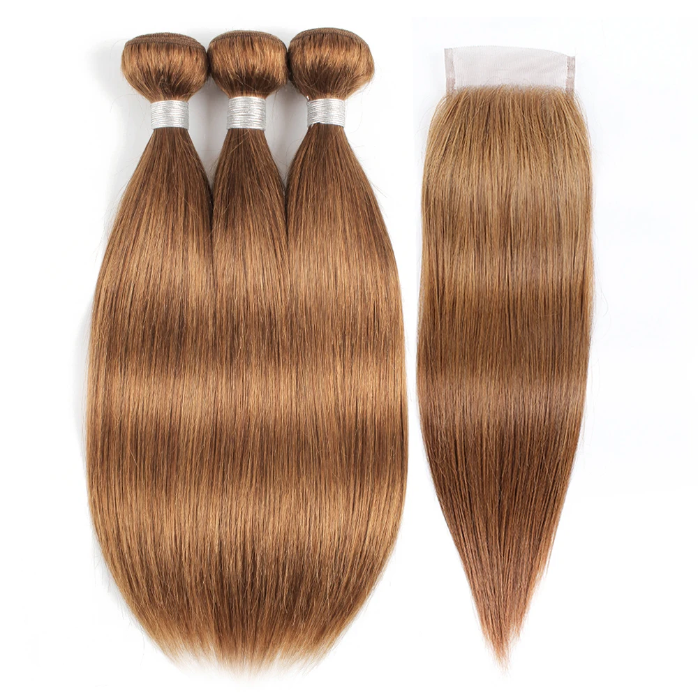 

Kisshair #8 #27 #30 hair bundles with closure ash brown honey blond medium auburn pre-colored straight Brazilian human hair