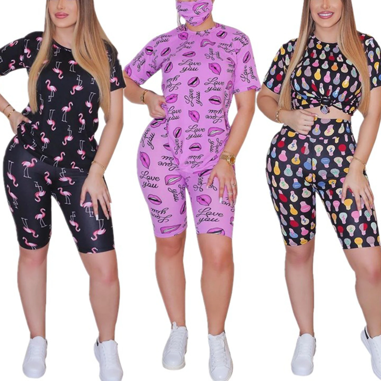 

Женский комплект из двух предметов, облегающий топ с коротким рукавом и круглым вырезом и шорты с высокой талией, лето 2021