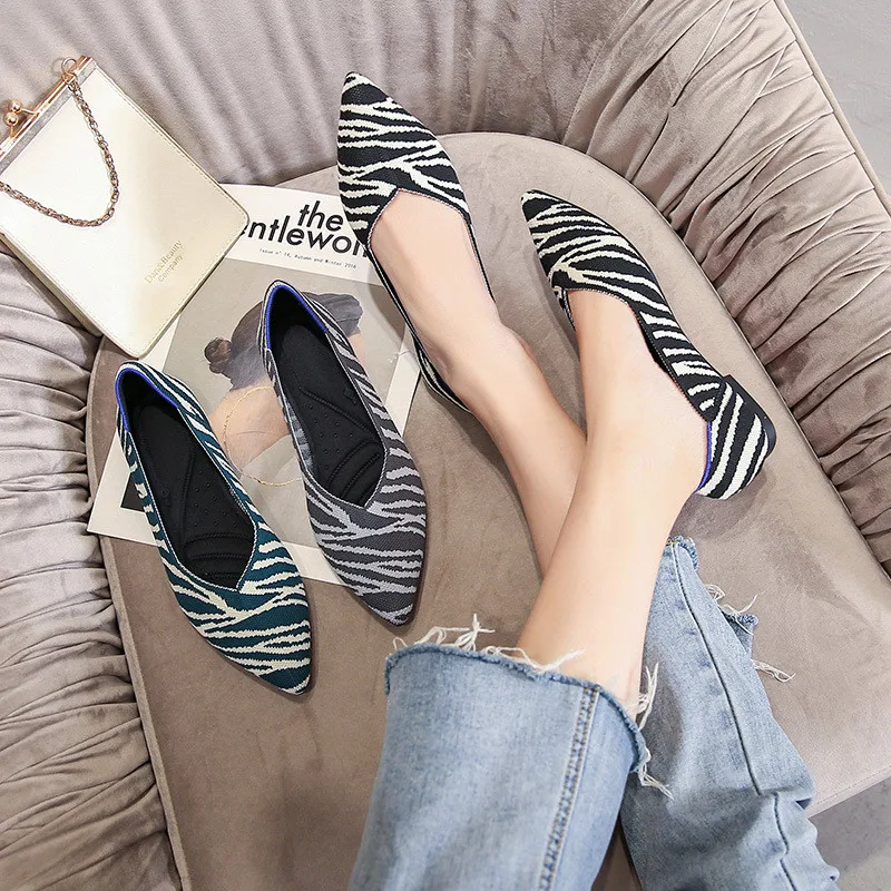 

Women's Flat Shoes 2021 Ballet Mixed Color Soft Zapatos De Mujer Knit Pointed Breathable Moccasin Chaussure Femme Large Size 43