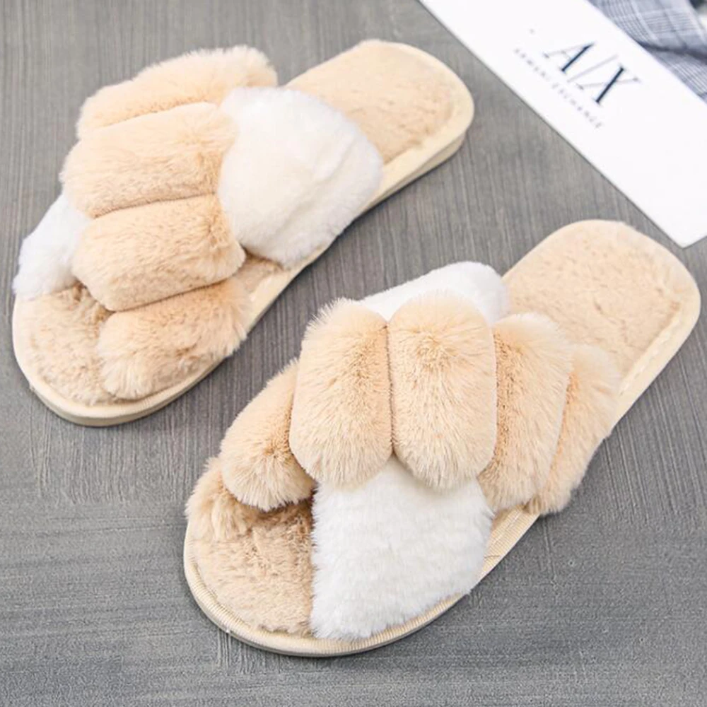 

Зимние женские меховые тапочки, модная теплая плюшевая Дамская пушистая обувь с перекрестными ремешками, удобные пушистые домашние тапочк...