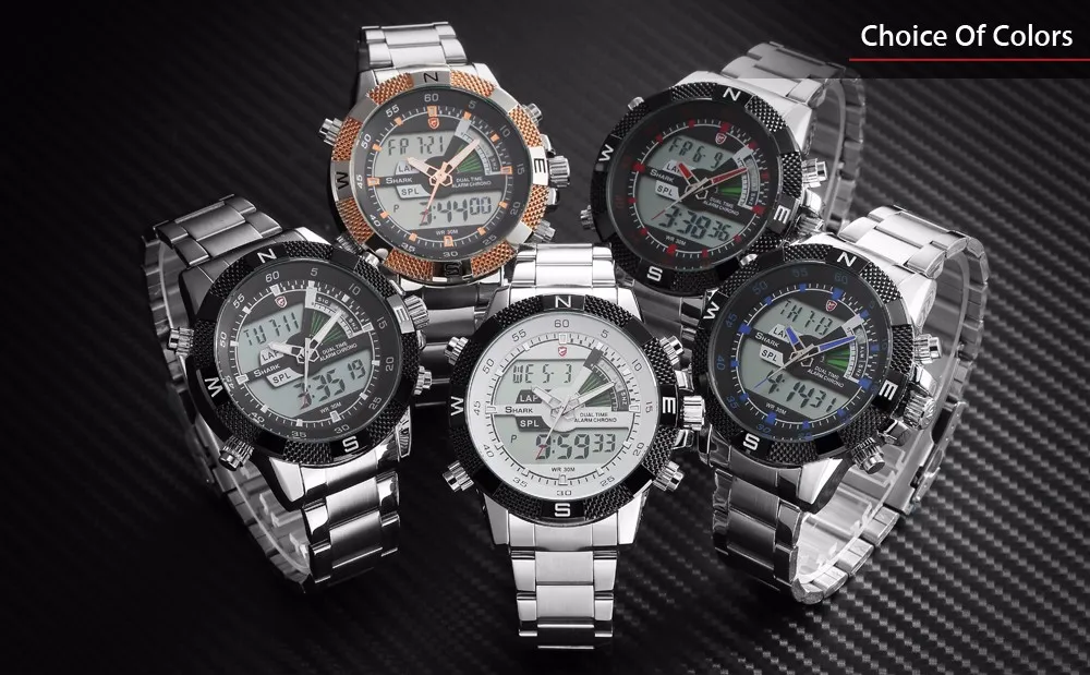 Акула спортивные часы Dual Time Цифровые стали Porbeagle Календарь Будильник Секундомер Мужские кварцевые наручные часы/SH046/047