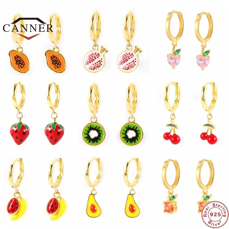

CANNER 100% 925 Sterling Silver Enamel Hoop Earrings for Women Fruit Charms Cherry Strawberry Watermelon Huggie Earring Jewelry