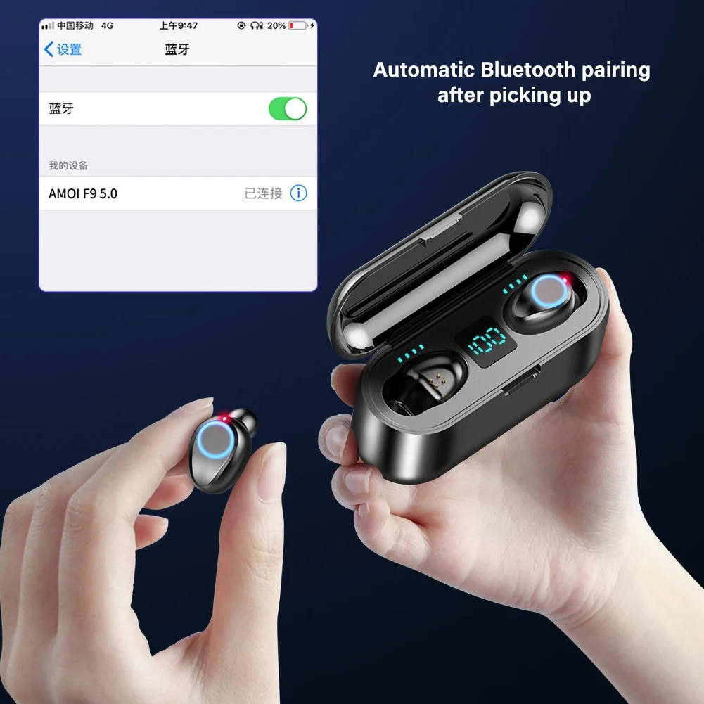 Беспроводные наушники Bluetooth F9 TWS 5.0 LED дисплей с внешним аккумулятором 2000 мА/ч