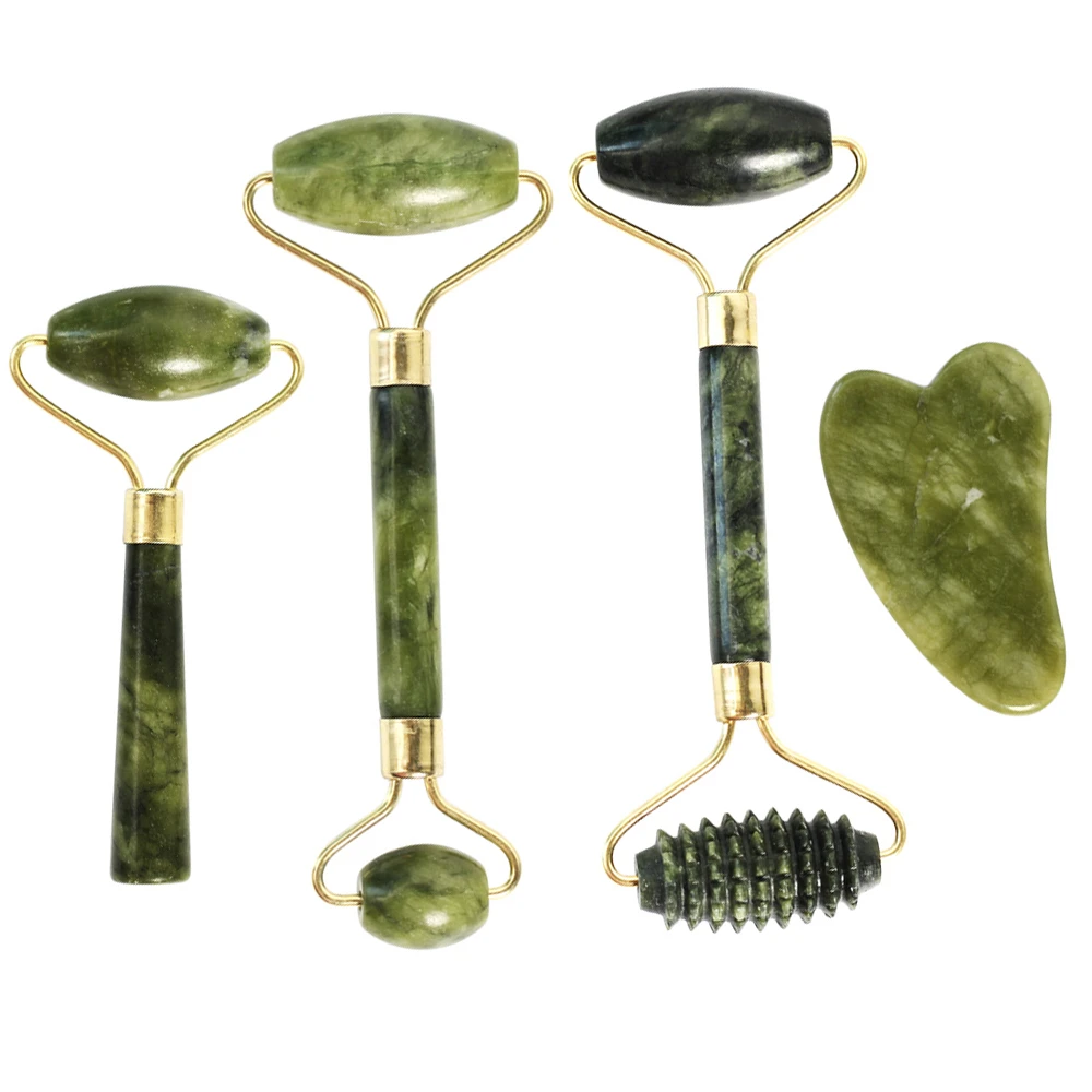 Ролик для массажа лица Guasha с двойными насадками натуральный Нефритовый камень