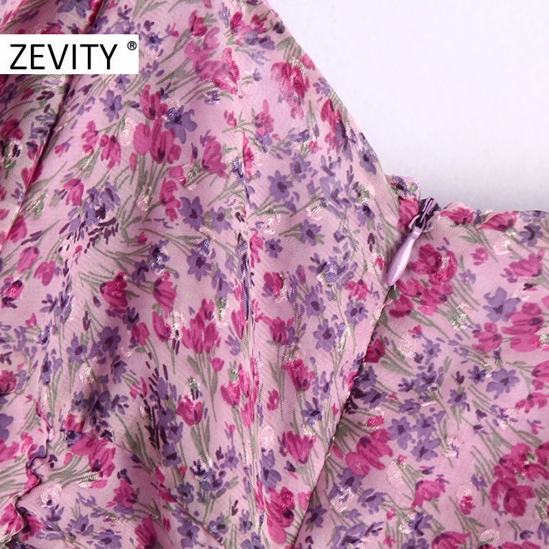 

ZEVITY New women fashion square collar flower print pleated mini dress lady puff sleeve casual slim vestidos chic dresses DS4526