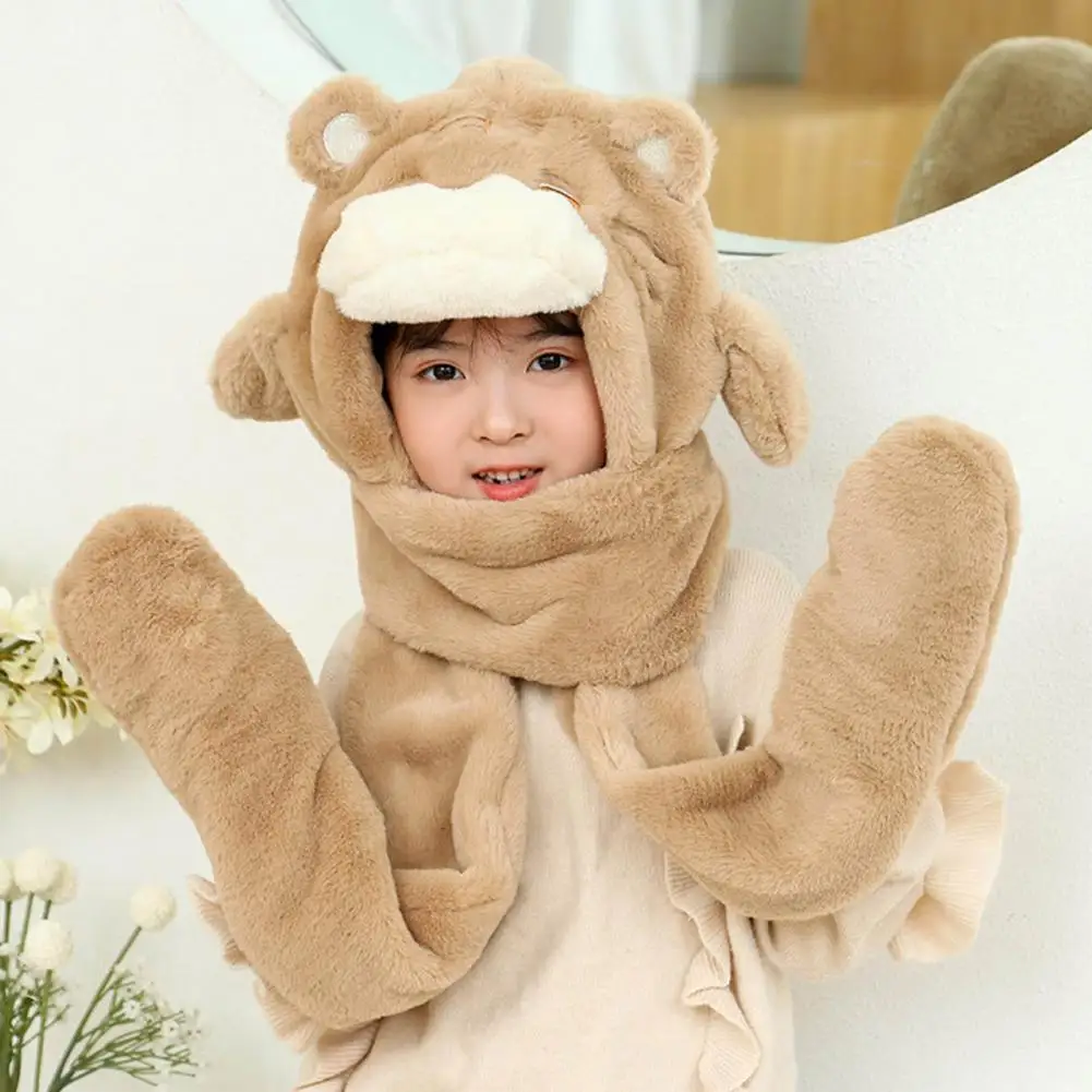 

3-in-1 Bomber Hat Plush Hat Scarf Gloves Faux Rabbit Fur Hat Kids Warm Cap Windproof Thicken Hooded Cap Scarf Gloves Headwear