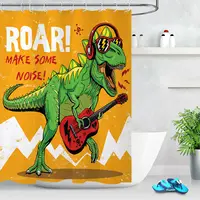 Cool Dinosaur Playing Guitar Shower Curtain Set Waterproof Fabric Bathroom Hooks
