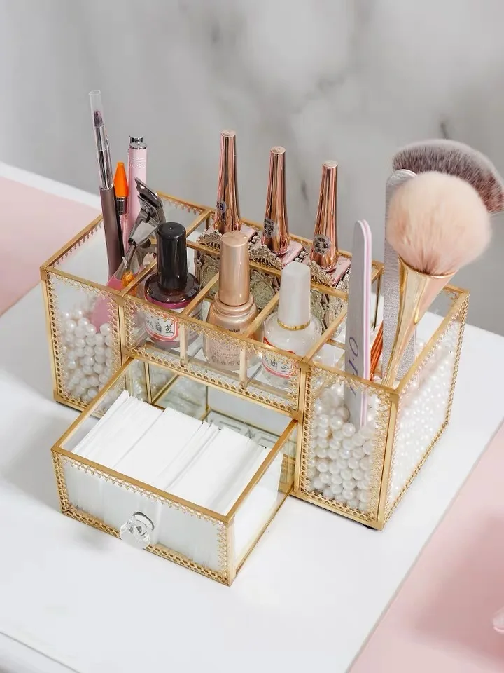 

Exquisite Metal Glass Storage Box Nail Skin Care Cosmetics Holder Desktop Decorative Brush Tool Organizer Cosmetic Box with Pear
