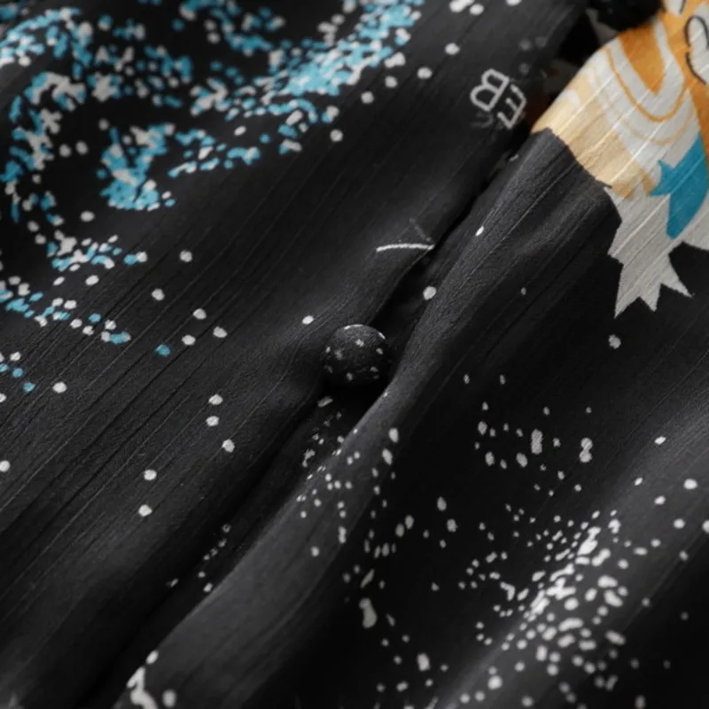 

Colorful Print New Chiffon Mesh Black Mid-Calf Round-Neck Street Wear Dress For Female Loose Fashion Tide Autumn 2a1258