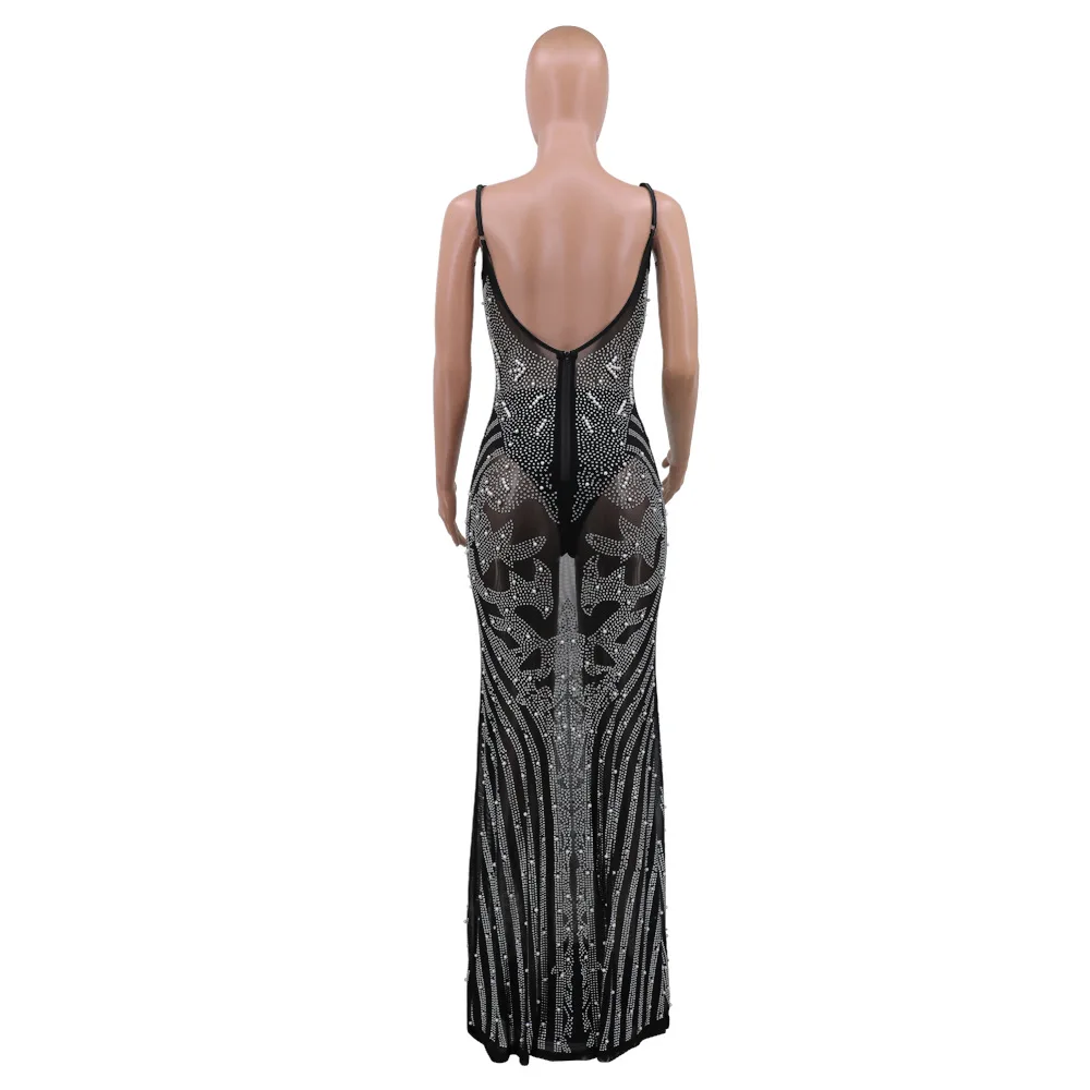 

Women Sexy Sleeveless Bodycon Dress Ladies Solid Maxi Long Autumn Winter See Through Mesh Bodycon Dress Femme Vestidos