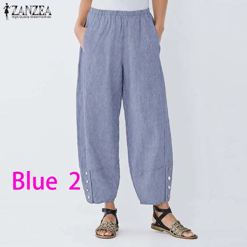 Blue 2 Женские повседневные штаны-шаровары в полоску,, ZANZEA, винтажные брюки с эластичной резинкой на талии, асимметричные панталоны для женщин, Палаццо размера плюс, 5XL - Цвет: Blue 2