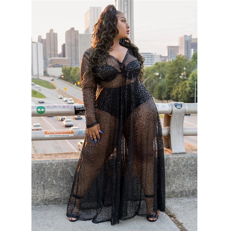 

L-5XL Plus Size Women Sheer Mesh Maxi Dress Deep V Neck Long Sleeve Long Robe Night Club Party Beach Dresses for Women 2021