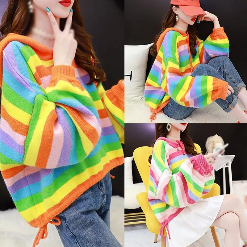 

Spring Autumn Women Cute Loose Rainbow Striped Sweatshirts Knitted Long Sleeve Hoodies Sweater Harajuku Tops