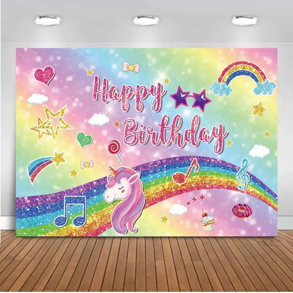 

Glitter Shiny Rainbow Musical Symbols Unicorn Photo Background Girl Happy Birthday Candy Party Backdrop For Table Decor
