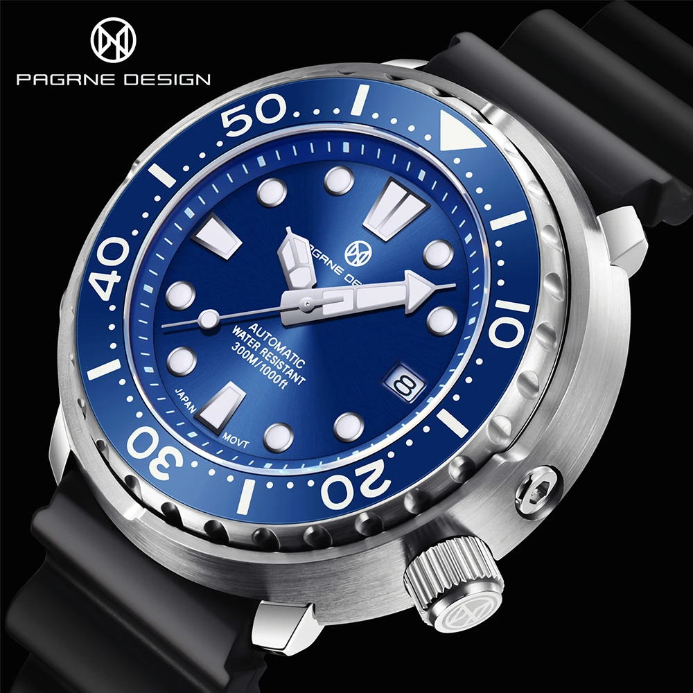 PAGRNE DESIGN Diving Watch Ceramic Bezel Mechanical Wristwatches Rubber Strap Sapphire Glass Automatic Watch Top Brand Watch Men