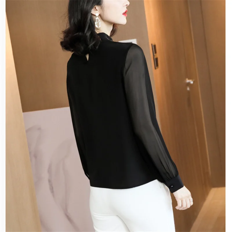 

Ladies' tops 2021 spring new black round neck pleated simple shirt sleeves fashion casual chiffon shirt