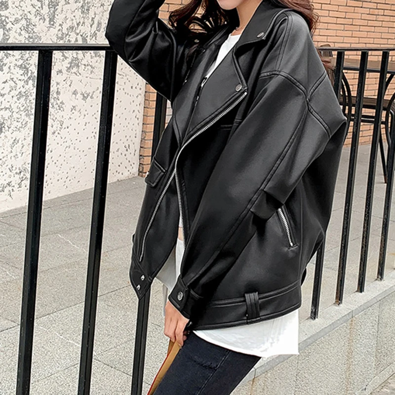 

Women Faux Leather Jacket Women Autumn Casual PU Loose Motorcycle Jackets Female Streetwear Oversized Coat Korean Chic Spring