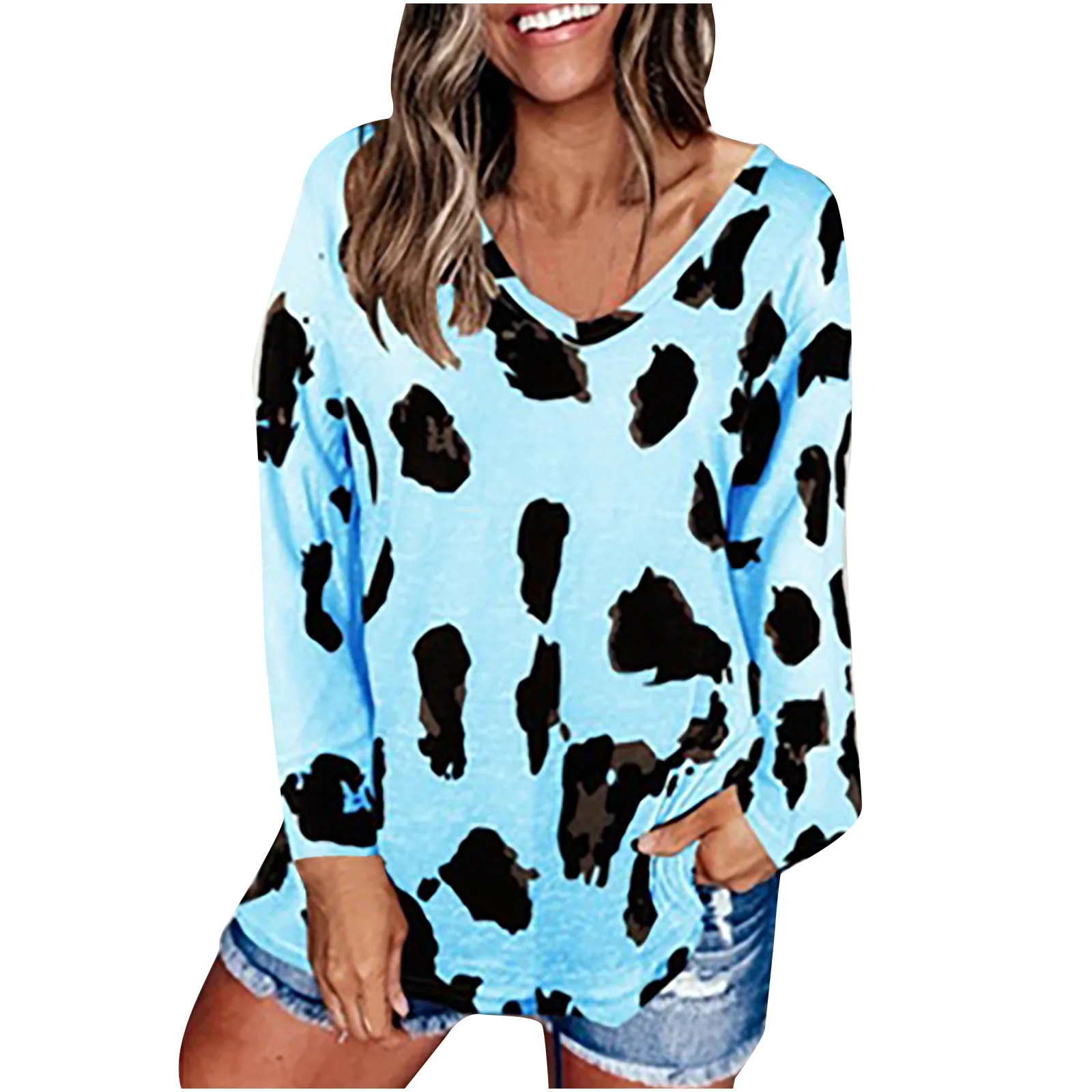 Leopard Hoodie V Neck Woman Tshirts Long Sleeve Loose Top Women Casual Soft Tops Tee Shirts Female Harajuku Mujer Camisetas