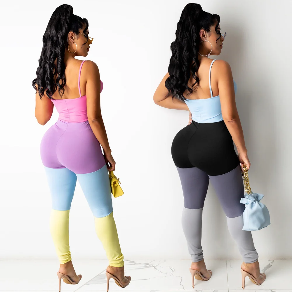

Color Block Patchwork Sexy Fitness Rompers for Women Deep V Neck Sleeveless Party Club Outfit Summer Spaghetti Strap Jumpsuits