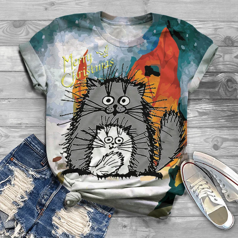 

O-neck top T-shirt cartoon multi-style top 3D printing short-sleeved super cute and beautiful cat tiger summer women