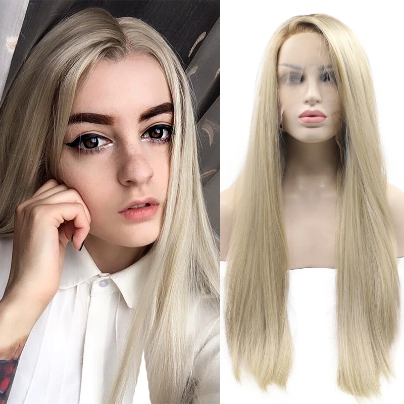 

Long Silky Straight Lace Front Hair Wig Honey Ash Ombre Platinum Blonde Middle Part Frontal Highlight Wigs For Black Women Hair