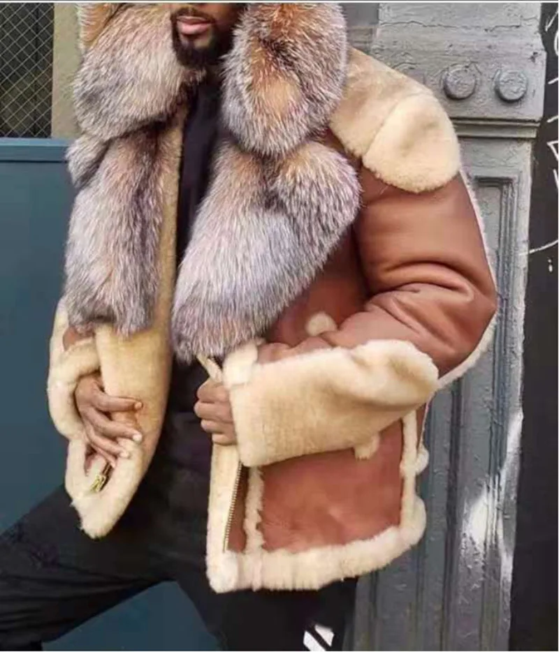 

Thick PU Leather Coat Lamb Fur Short Big Fox Fur Collar Men's Coat