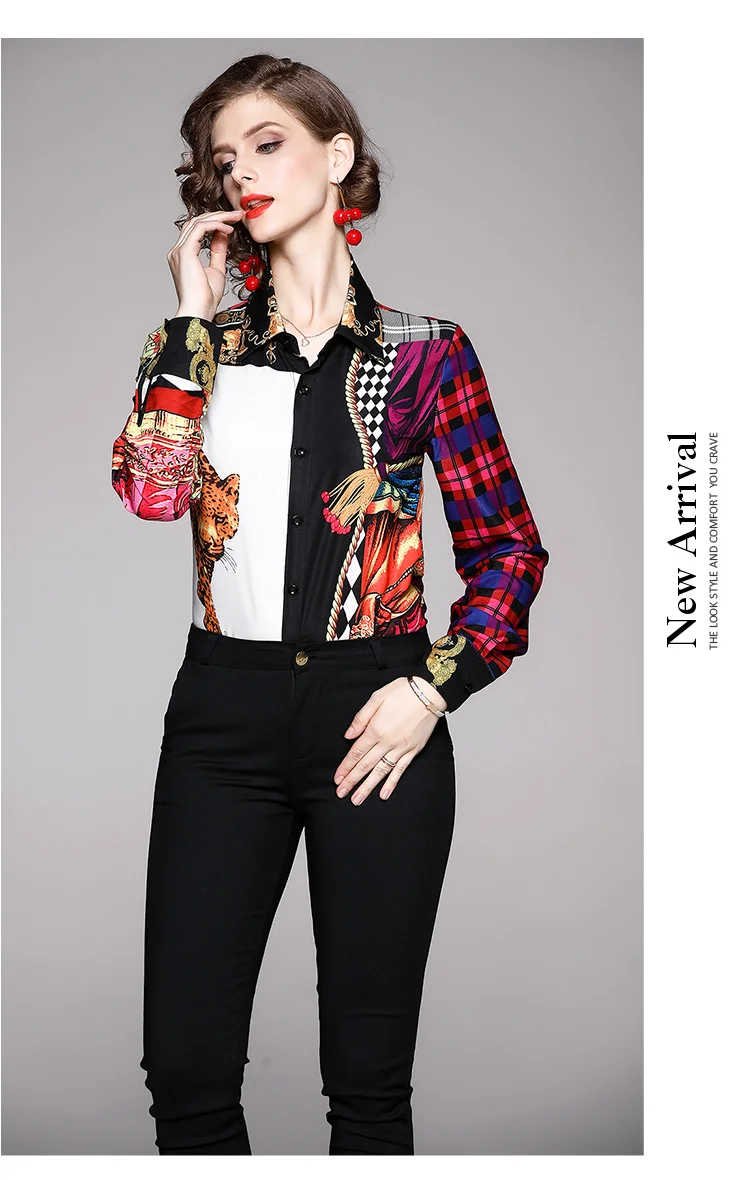 Женские блузы Tiger, Подиумные дизайнерские топы с цветами, Camisa Feminina,, осенние Рубашки с длинным рукавом, офисные женские белые, синие с принтом