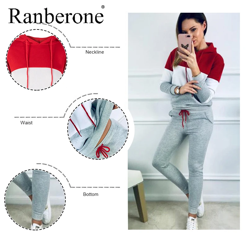 2020 Women Tracksuit Thicken Hooded Sweatshirts 2 Piece Set Casual Sport Sets Long Sleeve Patchwork Plus Size Fitness Suit