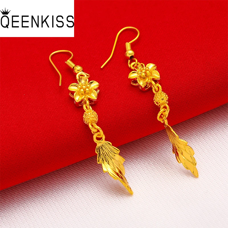 

QEENKISS EG540 2021 Fine Jewelry Wholesale Fashion Woman Girl Birthday Wedding Gift Flower Leaf Vintage 24KT Gold Drop Earrings