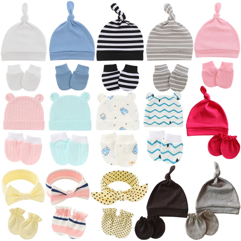 

KLV 1 set Baby Anti-scratching Gloves Knotted Hat Set Soft Cotton Newborn Face Protection Mittens Warm Beanie Cap Baby Bonnet