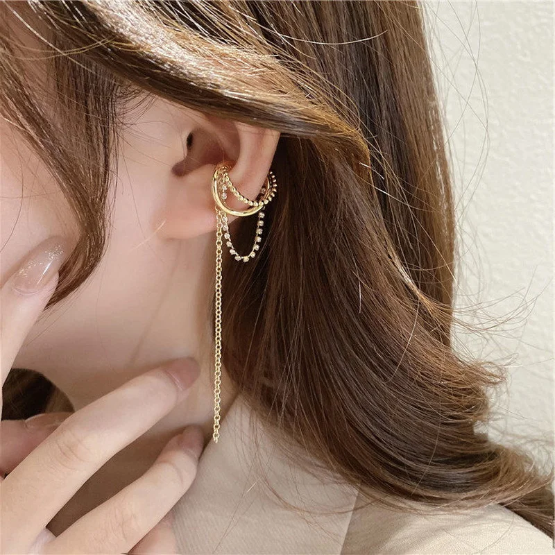 

2021 New Golden Crystal Chain Tassel Clip Earrings For Women Clip On Earrings Fake Piercing Earbone Ear Cuff Korean Jewelry