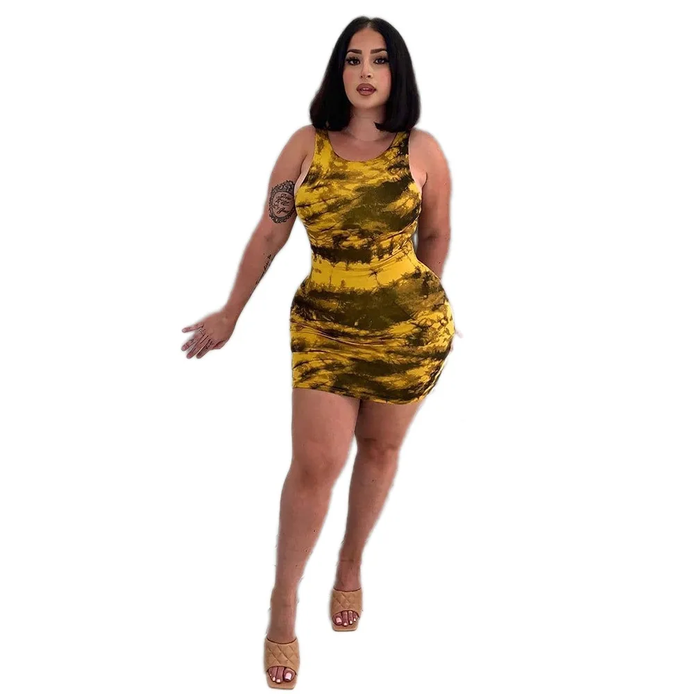 

Yellow Tie Dyeing Printed Sexy Slim Fit Dresses Women Trendy Crew Neck Sleeveless Bodycon Dress Summer High Waist Pencil Dress
