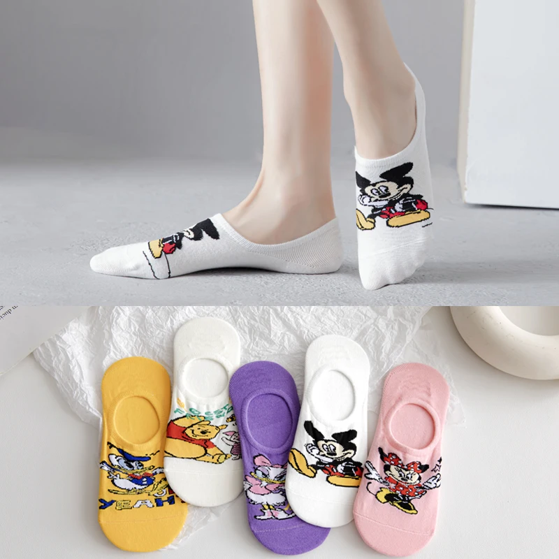 5 Pairs Disney Summer women socks kawaii Cartoon Animal Bear mouse Socks Cute Funny Invisible cotton girl Ankle Sock Size 35-40