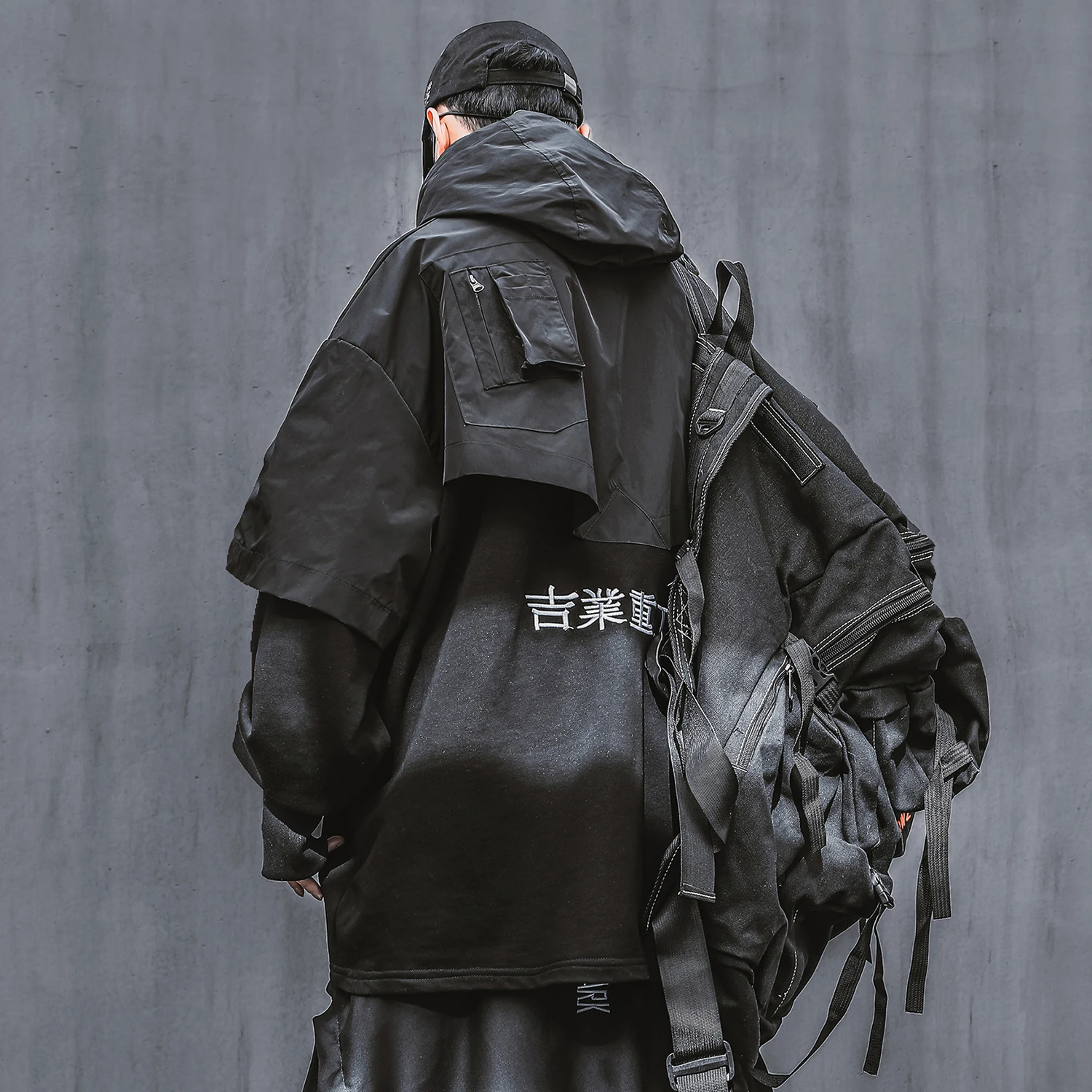 Весенняя уличная модная толстовка Techwear мужская с капюшоном Kanji в стиле пэчворк |