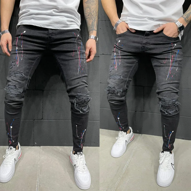 

Men Jeans Hole Skinny Pencil Pants Stretch Ripped Biker Denim Clothing Male Street Hip Hop Slim Punk Frayed Cowboy Trouser