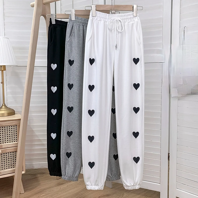 

KUSAHIKI Woman Pants Korean Love Heart Embroidery Long Trousers Lace Up Stretch High Waist Harem Sweatpants Mujer 6G577