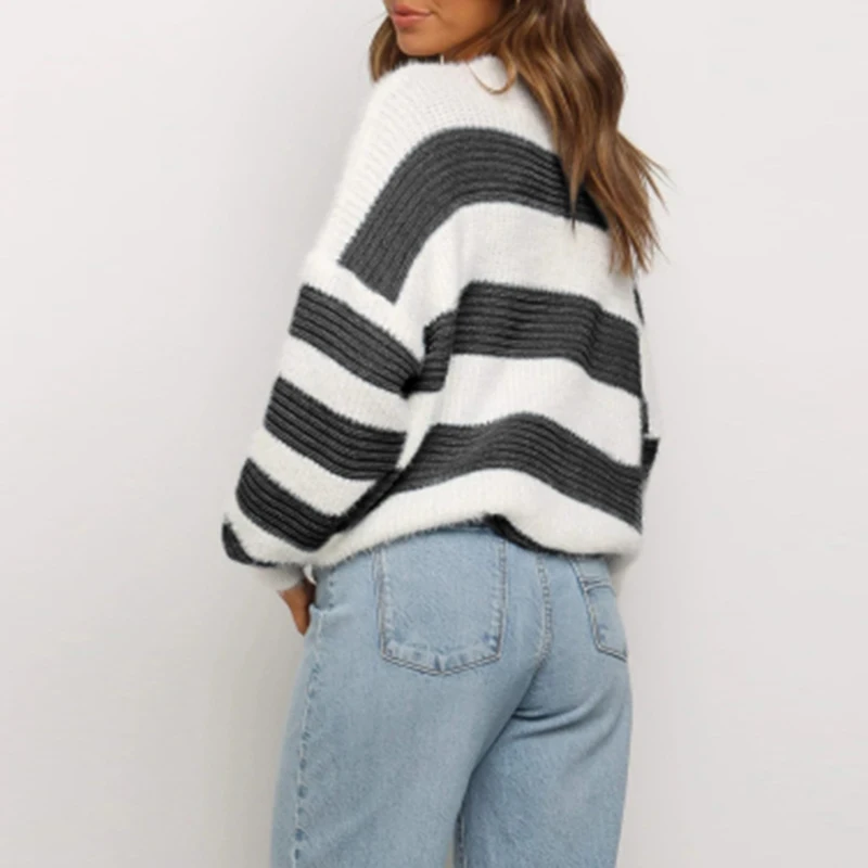 

2020 Autumn Winter Women Striped Sweater Warm Multicolor O-Neck Knitted Jumper Top Loose Casual Warm Femme Sweater Pullovers