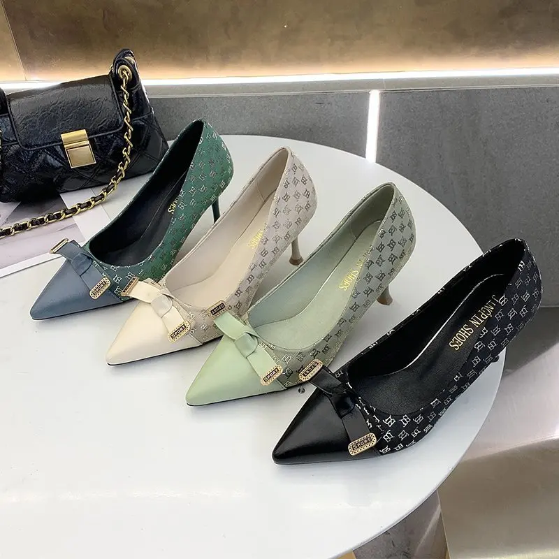 

2021 New Fashion High Heels Women Pointed Toe Slip On PU Leather Shoes Woman Casual Green Fine Heel Shopping Shoe Female 35-39