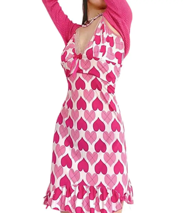 

Женское Короткое платье на бретелях Y2K, винтажное Повседневное платье с кружевной отделкой, V-образным вырезом, оборками и принтом в виде сер...