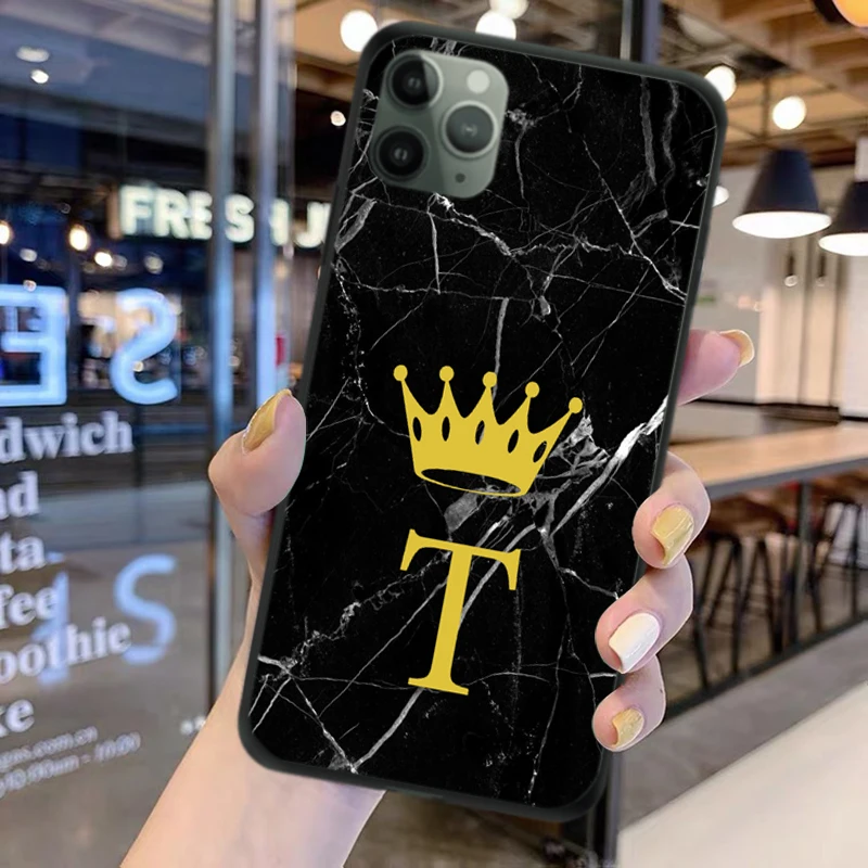 

initial Phone Case For iPhone 12Pro MAX Black Marble Crown Letter Custom Name Cover for iPhone Xr 11 Max XS Silicone Shell Capa