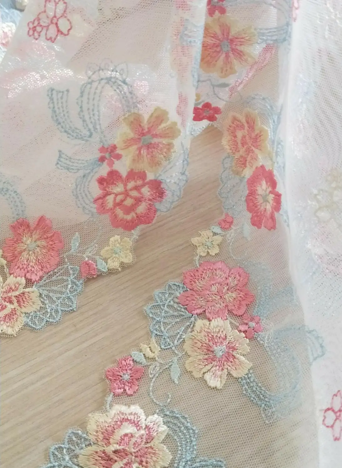 Великолепная Тюлевая кружевная отделка синие розовые цветы Цветочная вышитая