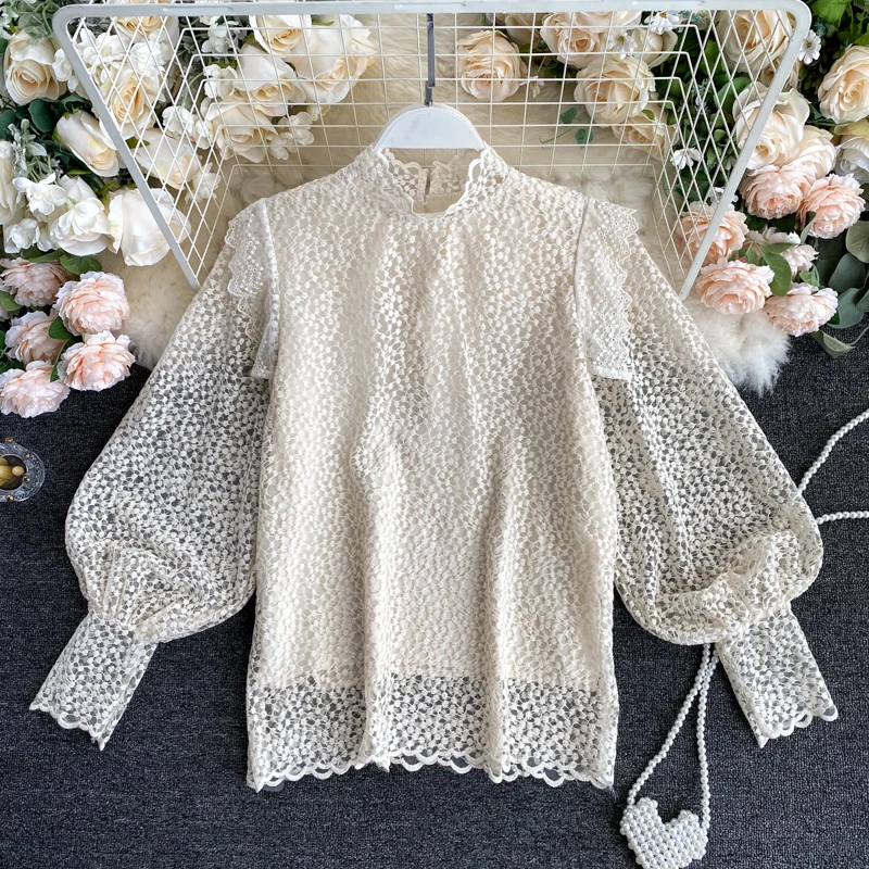 Женская сетчатая кружевная блузка Повседневная Городская рубашка в стиле ретро
