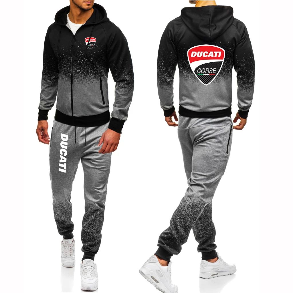 

Men's New Brand Print Ducati Logo Set Harajuku Jackets Sport Suits Hip Hop Male Gradient Hoodies Man's Popular Casual Sweat