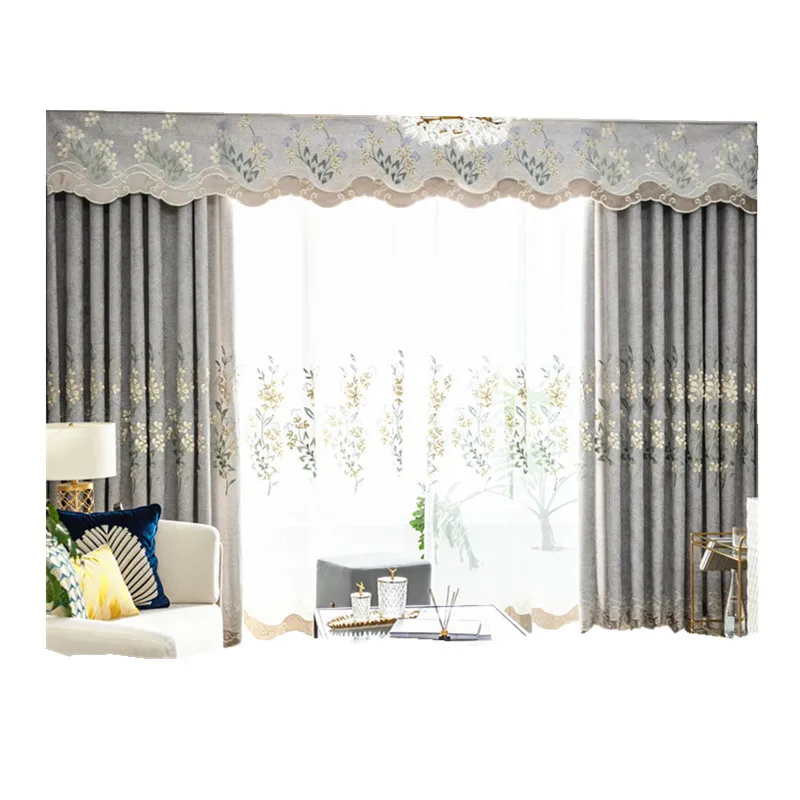 

Custom curtians for Living Room Bedroom Study Modern Chinese Light Luxury Gray Chenille Embossed Embroidered Curtain Fabric