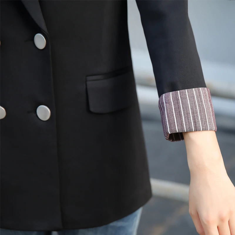 Средняя длина шикарный черный повседневный двубортный женский джокер большой