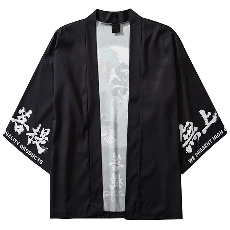 

Japanese Kimono Jacket Kanji Buddha Crane Printed Harajuku 2021 Hip Hop Men Japan Streetwear Jacket Summer Thin Loose Kimono