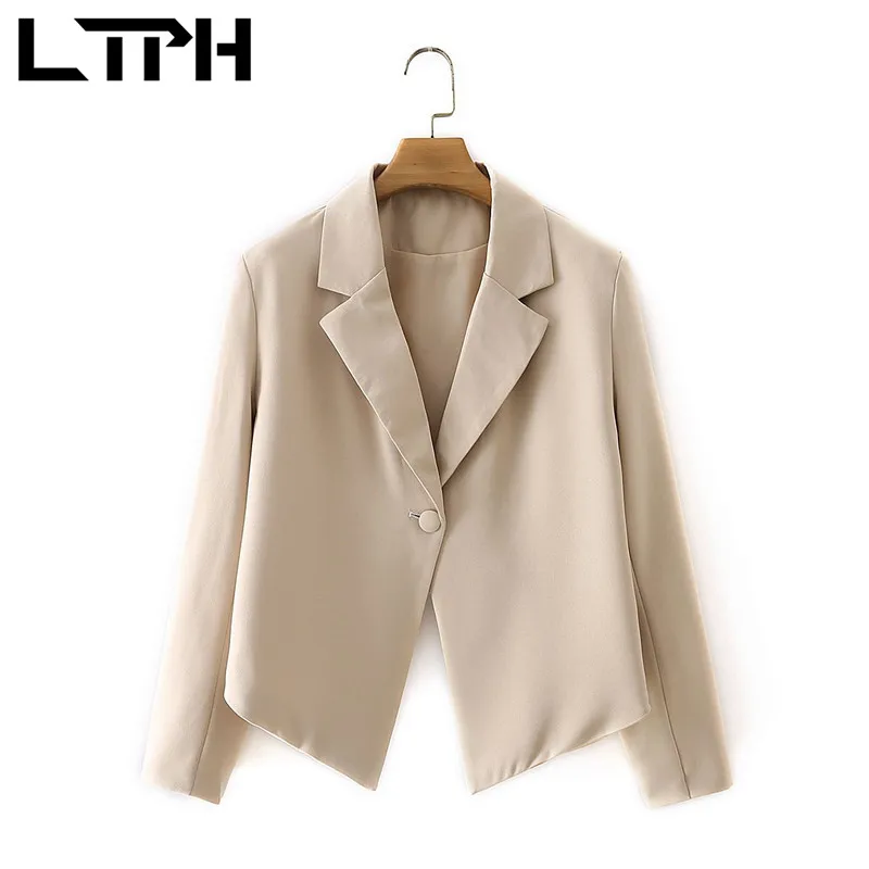 

LTPH irregular short women blazers casual jackets Single Button long sleeve Pleating hem blazers Lady Suit Coat 2021 Summer New