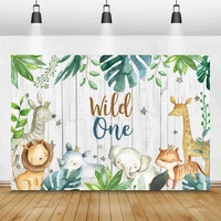 jungle wild animals child 1st birthday party photography backdrop tropical plants gray wood board background family photocall